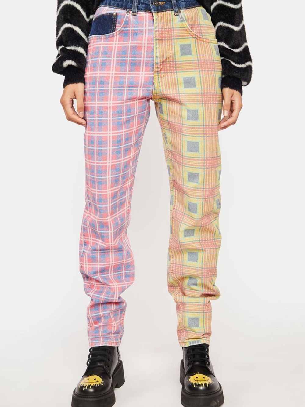 NWT The Ragged Priest Multi Color Y2K Grunge Pink Hot Rod Mix Check Jeans
